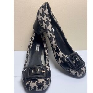 Alfani Grayce Houndstooth Pony‎ Hair Leather Pumps Size 7.5M Black Buckle Heel
